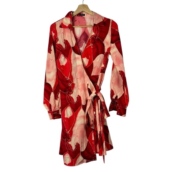 Boutique Red & Pink Geode Printed Long Sleeve Wrap Mini Dress S - Picture 1 of 4
